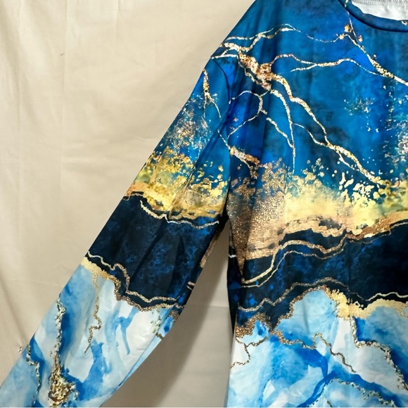 Womens Plus Size Marble Gold & Blue Polyester Pullover Sweatshirt 2XL - Picture 5 of 7